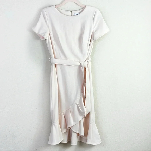 Calvin Klein Ruffled Tulip-Hem Crepe Dress with sash in Cream color size 6 - Picture 2 of 16